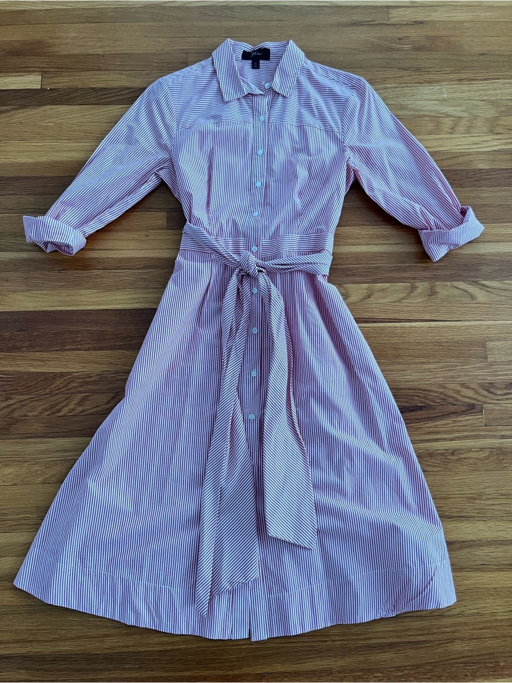 J. Crew Classic Shirt Dress with Self Belt - Red Stripe. Size 8